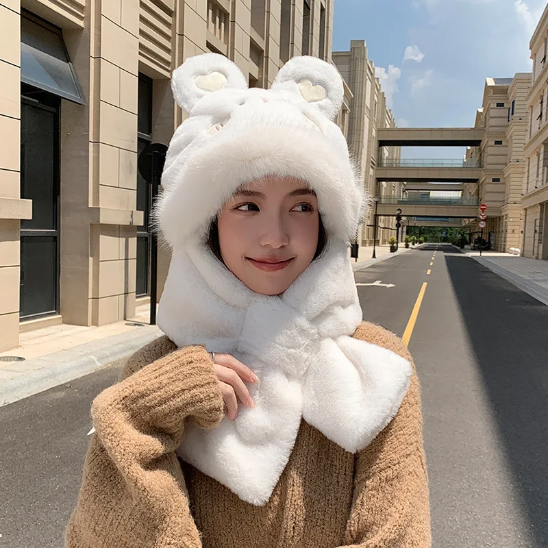 

Cute Bear Ears Beanies for Women New Warm Plush Lining One-Piece Hat Scarf Sets Winter Windproof Neck Warmer Ear Protection Caps