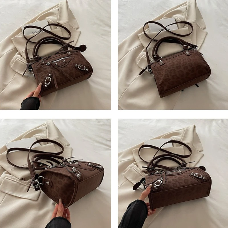 Vintage Wildlederähnliche Handtasche, Nieten-Reißverschluss-Dekor, Abnehmbarer Langer Riemen, Retro-Punk-Umhängetasche für Pendlerinnen – Detail 6