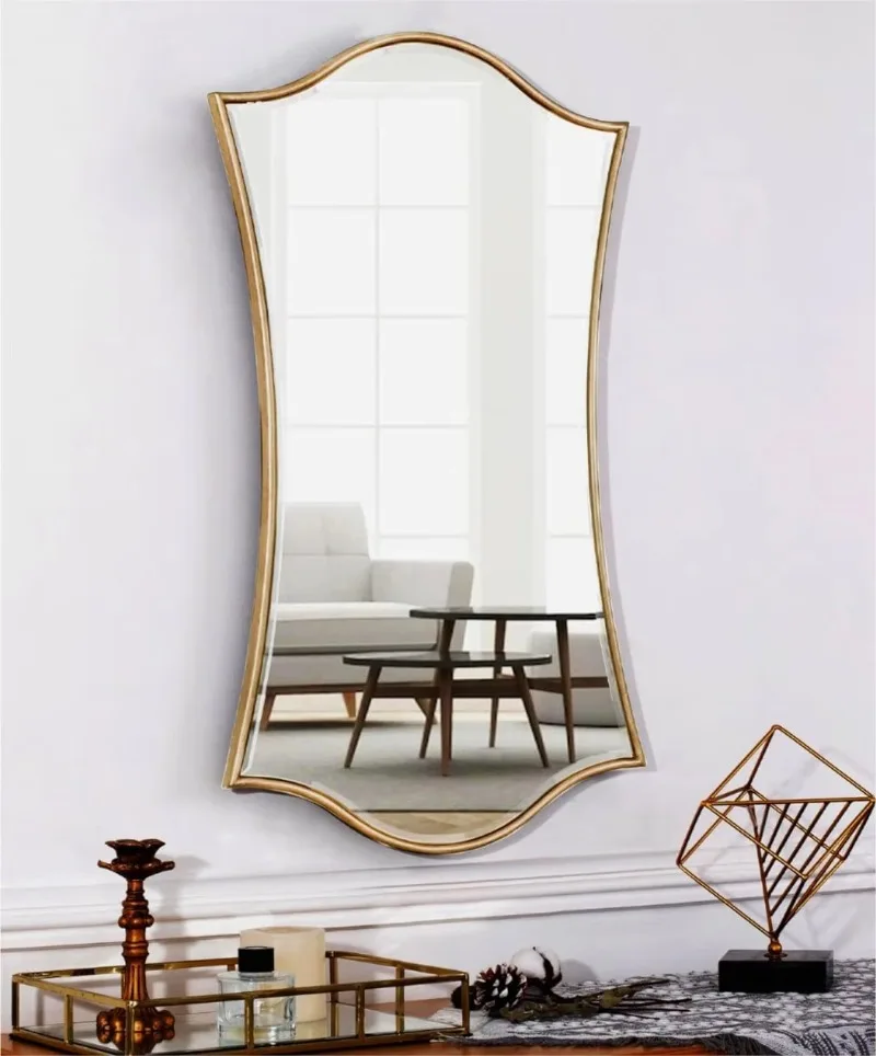 Classic Luxury Hanging Mirror Fan Shape Entryway Mirror Gold Metal Frame Wall Mirror For Bathroom Vanity