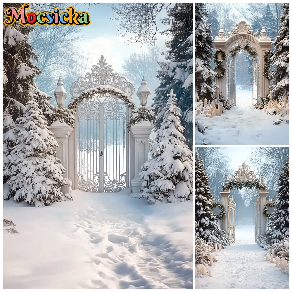 

Mocsicka Winter Christmas Gate Photography Backdrop Snowy Ornate Iron Gate Pine Trees Background Family Baby Photoshoot Tapestry