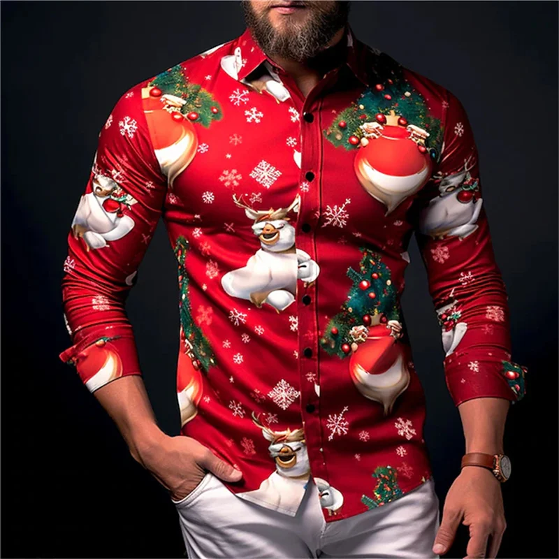 Christmas Men's Snowflake Satin Button Shirt Long Sleeve Casual Holiday Party Evening Wear Daily Four Seasons Lapel Shirt