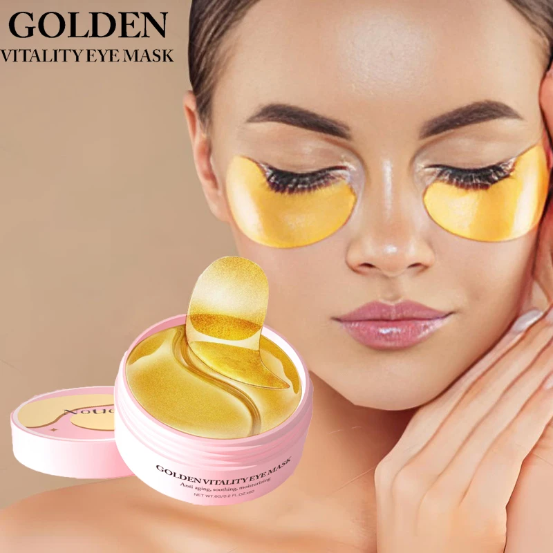 60Pcs/Box Gold Collagen Vitality Eye Mask Crystal Moisturizing Gel Eye Mask Anti Wrinkle Eye Patches + Specialized Spoon