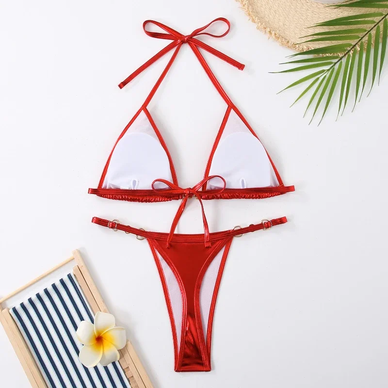 Maillot de bain brésilien pour femmes, ensemble deux pièces, sexy, couleur unie, culotte avec soutien-gorge triangle, culotte tanga, vêtements de