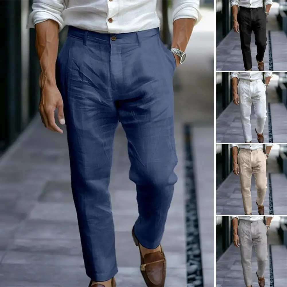 

2025 Men's Stand Pocket Beach Pants Solid White Trouser Plus Size Mens Casual Straight Pants Male Ankle-Length Bottoms New