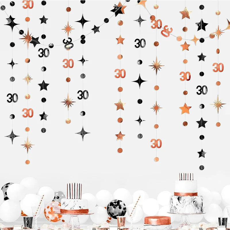 Black Rose Gold 30th Happy Dirty Birthday Party Backdrop Decorations 30th Star Dot Garlands for 30 Year Old Anniversary Supplies