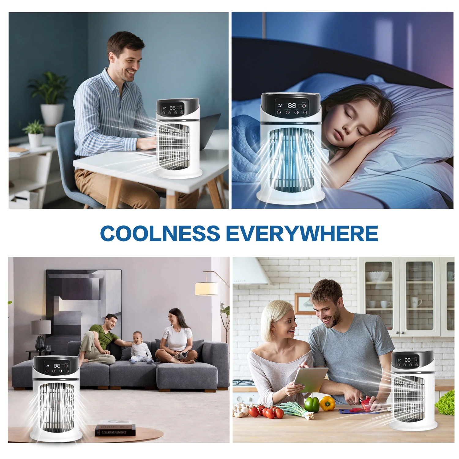 محمول 2 في 1، مرطب ومروحة، تبريد سريع، USB، شاشة رقمية، كريستال ثلجي، أبيض، للمنزل والمكتب