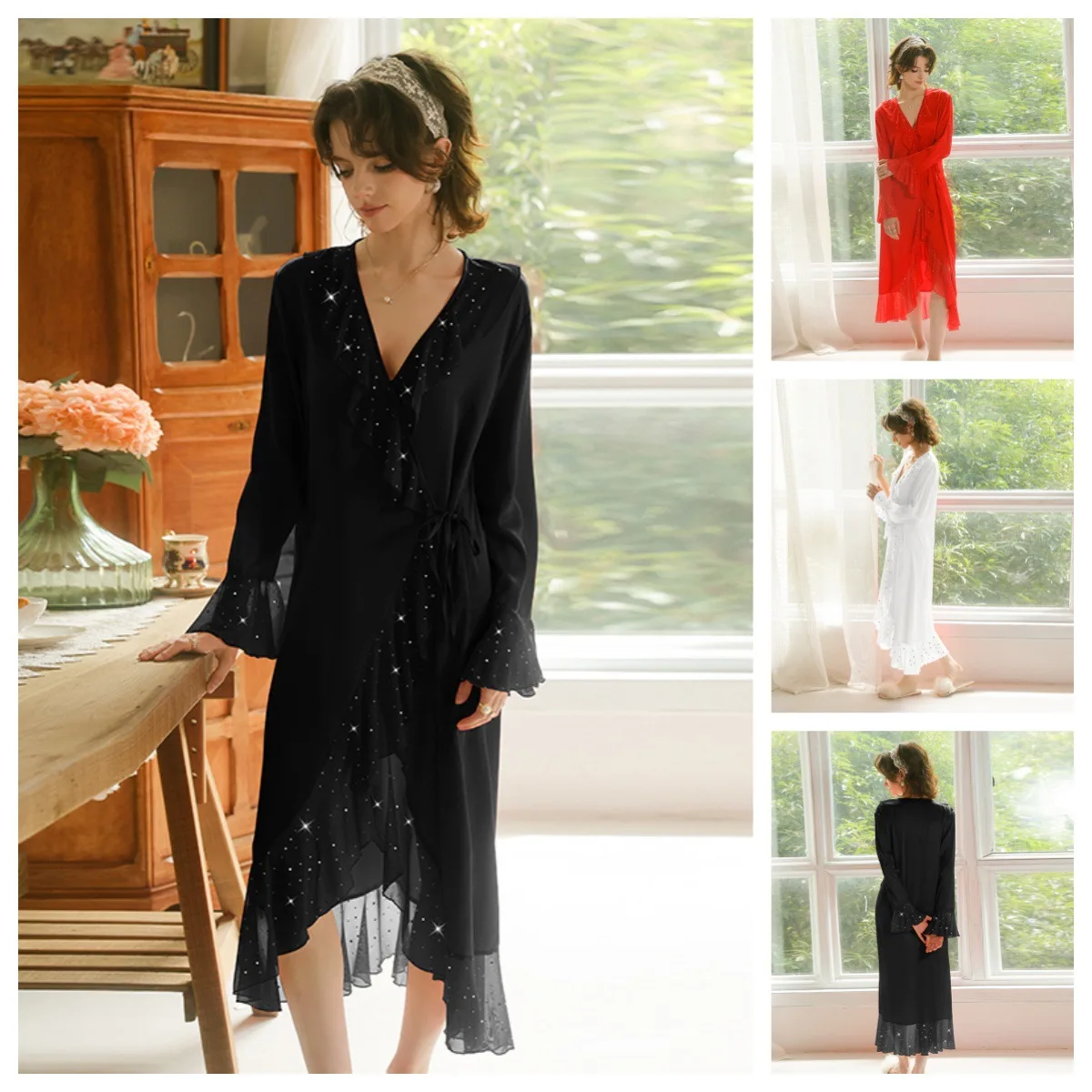 

Feiyun Elegant V-neck Ruffled Long Nightgown Women's Multi-Color Optional Silky Home Clothes