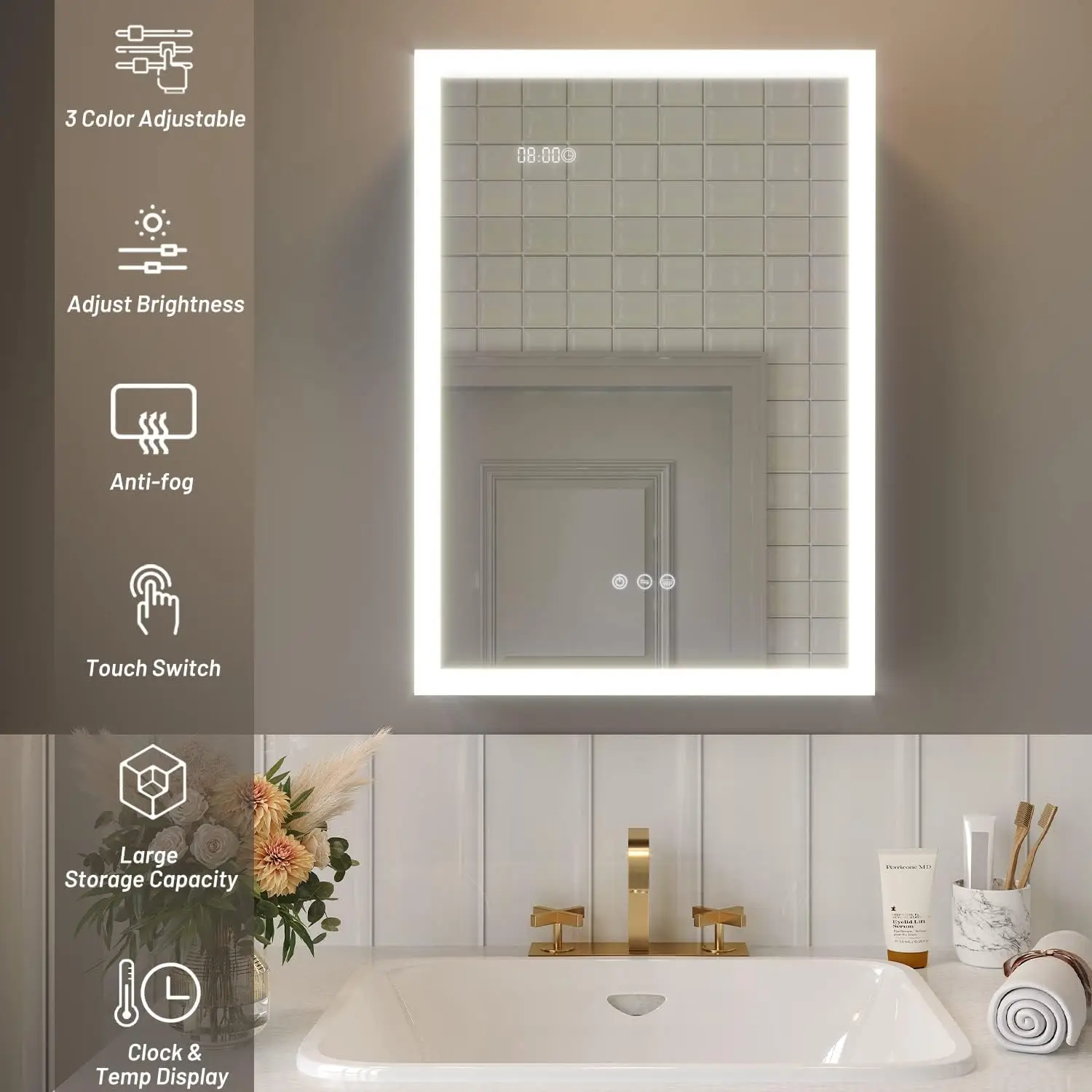 20×28 Inch Bathroom Medicine Cabinet with Lights, LED Cabinet with Mirror, Lighted Bathroom Medicine Cabinet with Stora