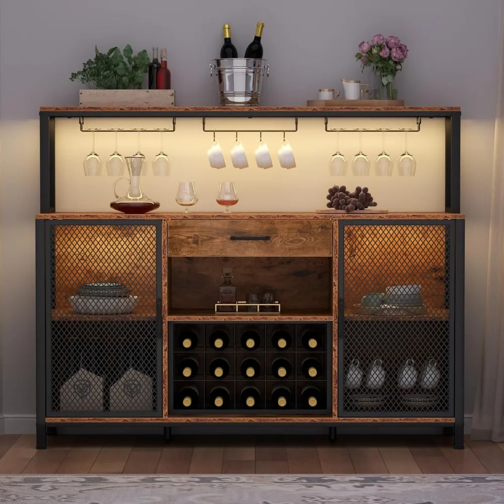 

Wine Bar Cabinet with Drawer 55 Inches Industry Bar Cabinet with Wine Rack and Glass Goblet Holder Sideboard Buffet Cabinet