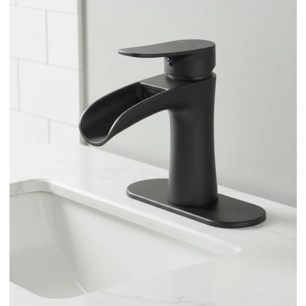 

Black Waterfall Bathroom Faucet Single Handle Sink Tap for Vanity Farmhouse RV Vessel Basin 1-3 Hole Mount