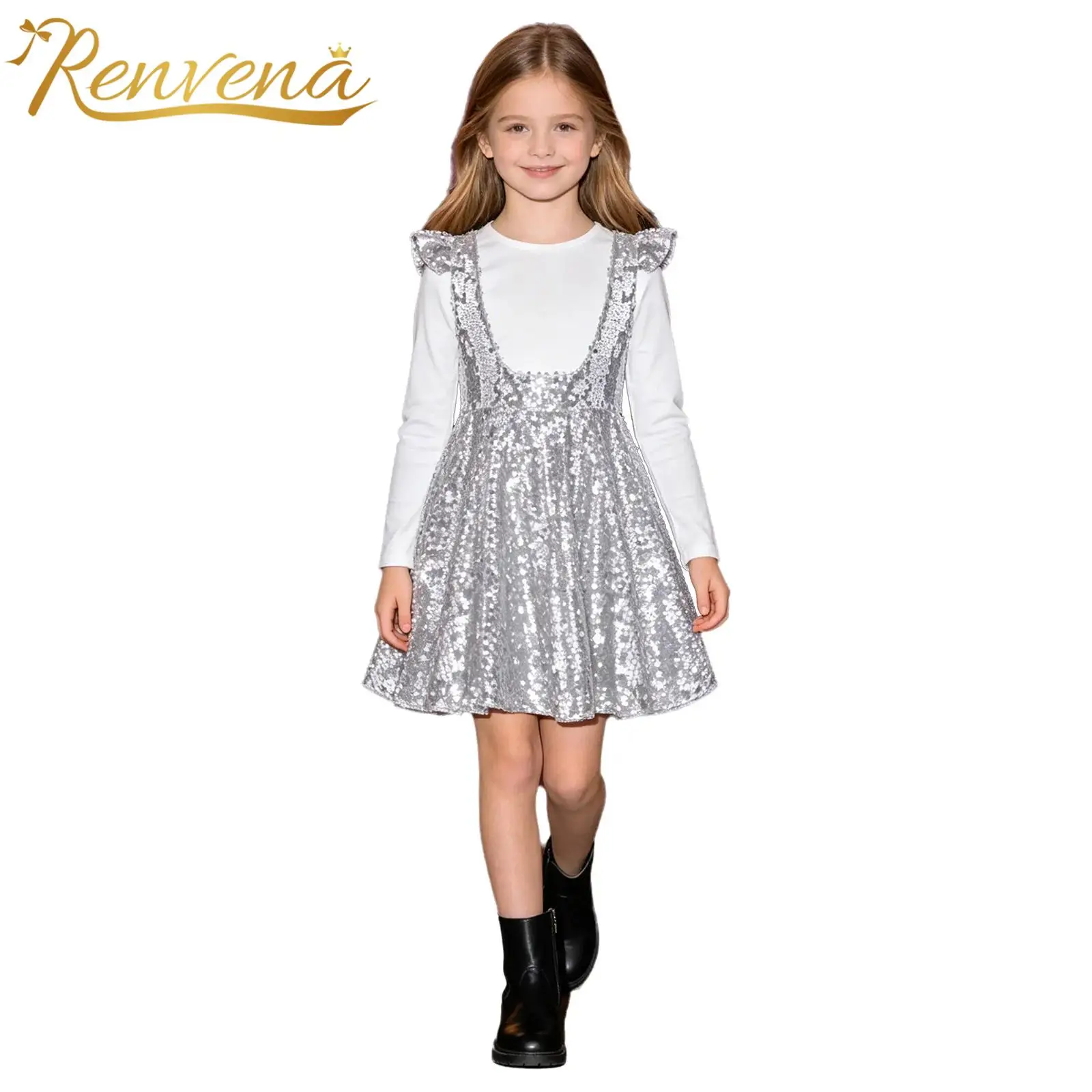 

Sparkly Dancewear Kids Suspenders Skirts for Girls Sequin Skirt Ruffled A-line Pleated Skirt Children Disco Dancing Prom Costume