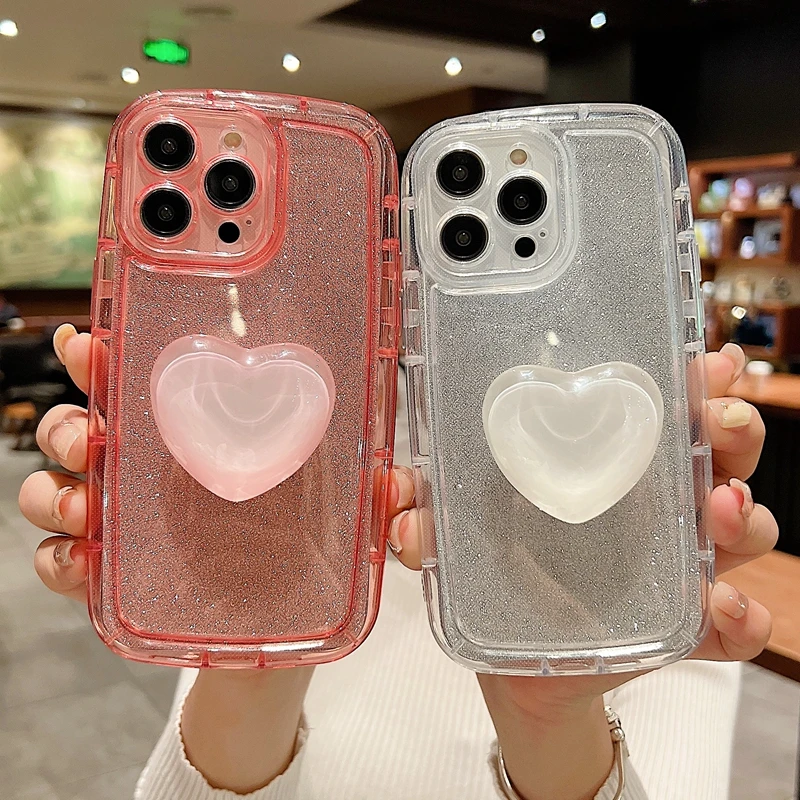 

Glitter Bracket Case For iPhone 14 13 11 12 Pro Max Funda 8 7 6 6S Plus XR X XS SE 2020 2022 Cover Silicone 3D Love Heart Holder