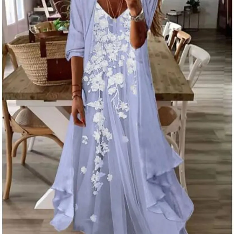 

Summer Women's V-Ne Print Holiday Long Dr Two-Piece Polyester Fiber Commute Sle Ciwalk Suitable Midi Skirt