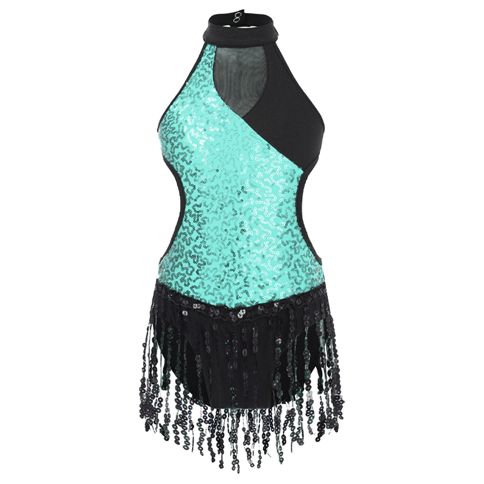 Kids Girls Tassels Leotard Latin Dance Costume Sequins Color Block Sleeveless Fringed Bodysuit for Tango Chacha Stage Dancewear