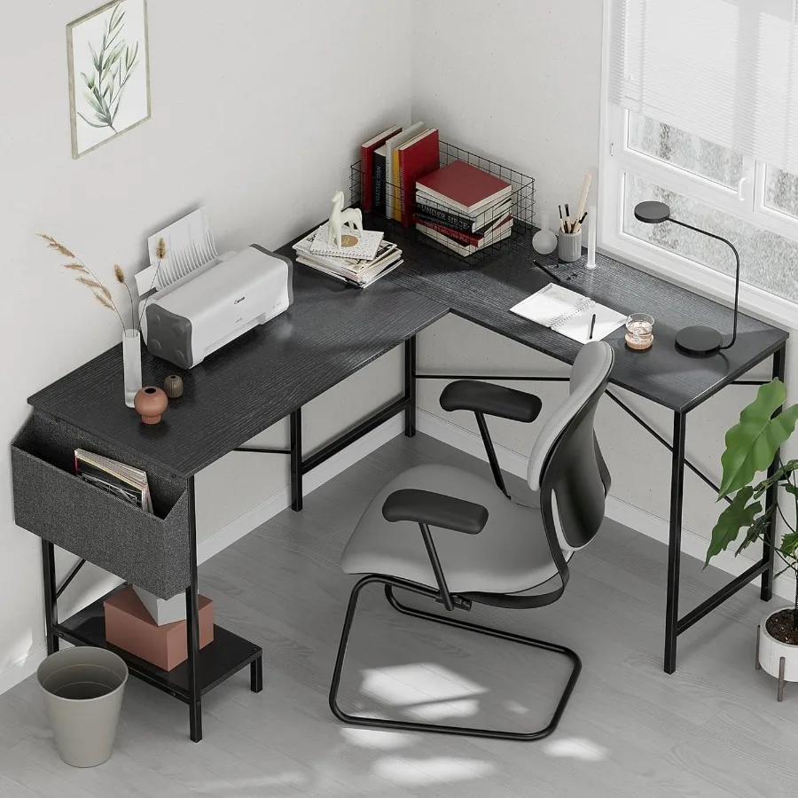 L Shaped Desk Gaming Computer 50 Inch Reversible Corner Table PC Work Table for Writing Study Student with Wood Tabletop Metal