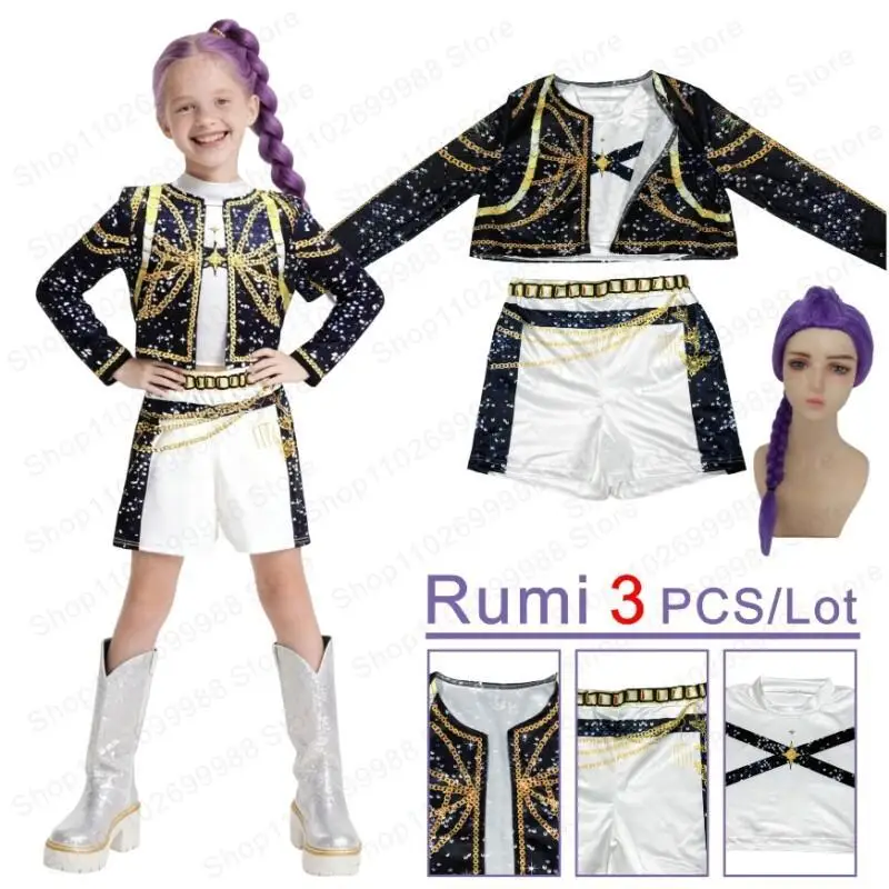 

Girls Kpop Rumi Cosplay Costume New Halloween Rumi Hunters Black Gold Jacket Vest and Shorts 3D Print Stage Outfit with Wig