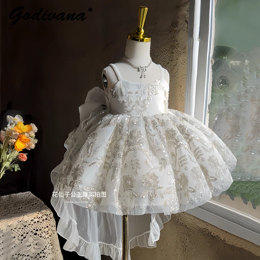 Sweet Baby Girls High End Heavy Princess Lolita Dress Kids White Pearls Sequin Bow Tail Wedding Performances Birthday Party Gown