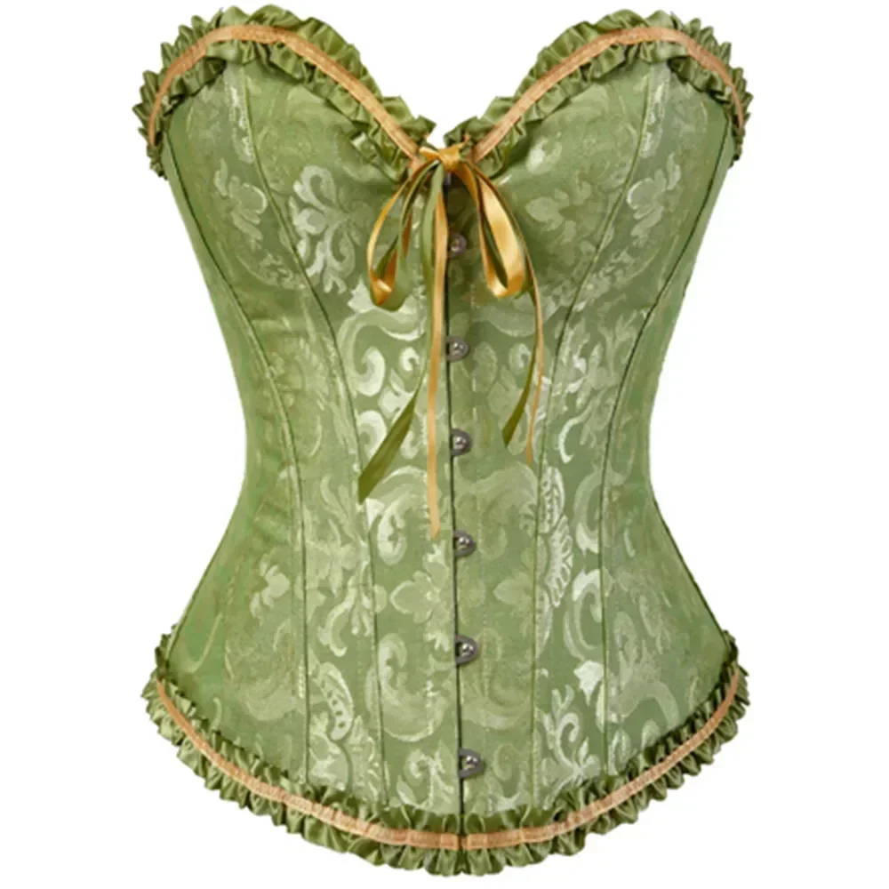 

Sweetheart Corset Top for Women Sleeveless Floral Print Black Brocade Overbust Corset with Ruffle Trim Gothic Bustier