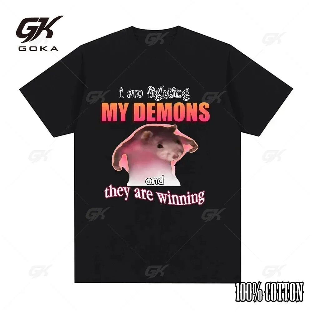 Funny I Am Fighting My Demons and The Are Winning Mouse Meme T-shirt Creative Men Short Sleeve Plus Size Women T-shirts Top