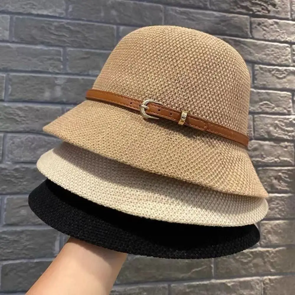 Adjustable Fisherman Hat Portable Wide Brim Foldable Bucket Cap Leather Buckle Anti UV Beach Straw Cap Outdoor Sports