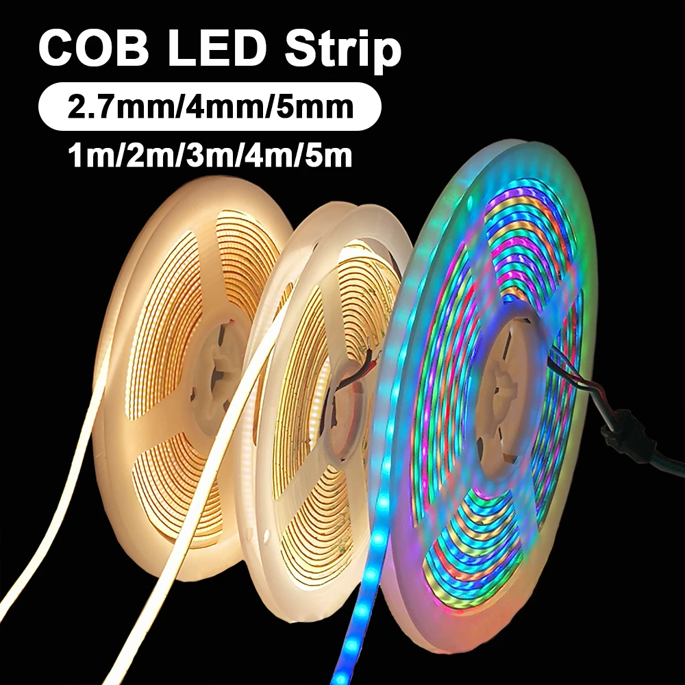 고밀도 COB LED 스트립 조명, 유연한 5mm 100LED, 개별 주소 지정 가능, 드림 컬러, 초박형 테이프, WS2812, DC5V, 2.7mm, 4mm