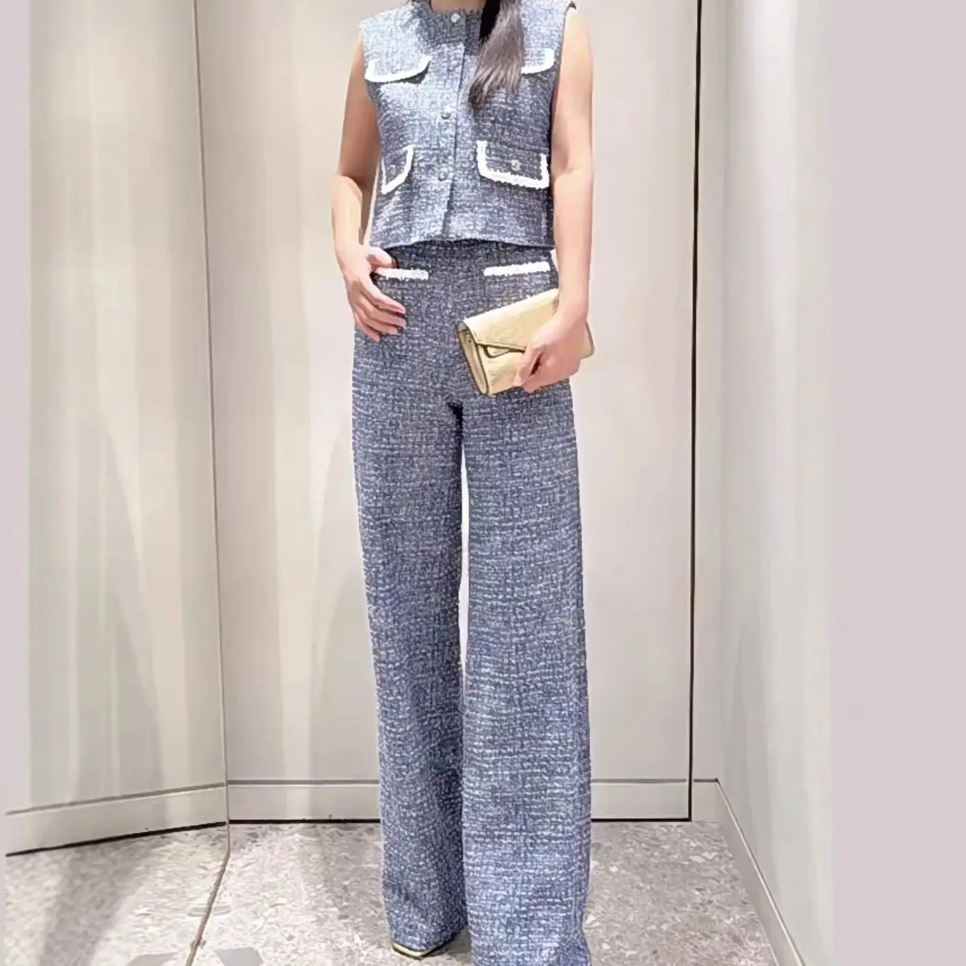 

Spring/Summer Women Tweed Lapel Collar Pocket Set Sleeveless Single-breasted Vest + High Waist Straight Elegant Pants