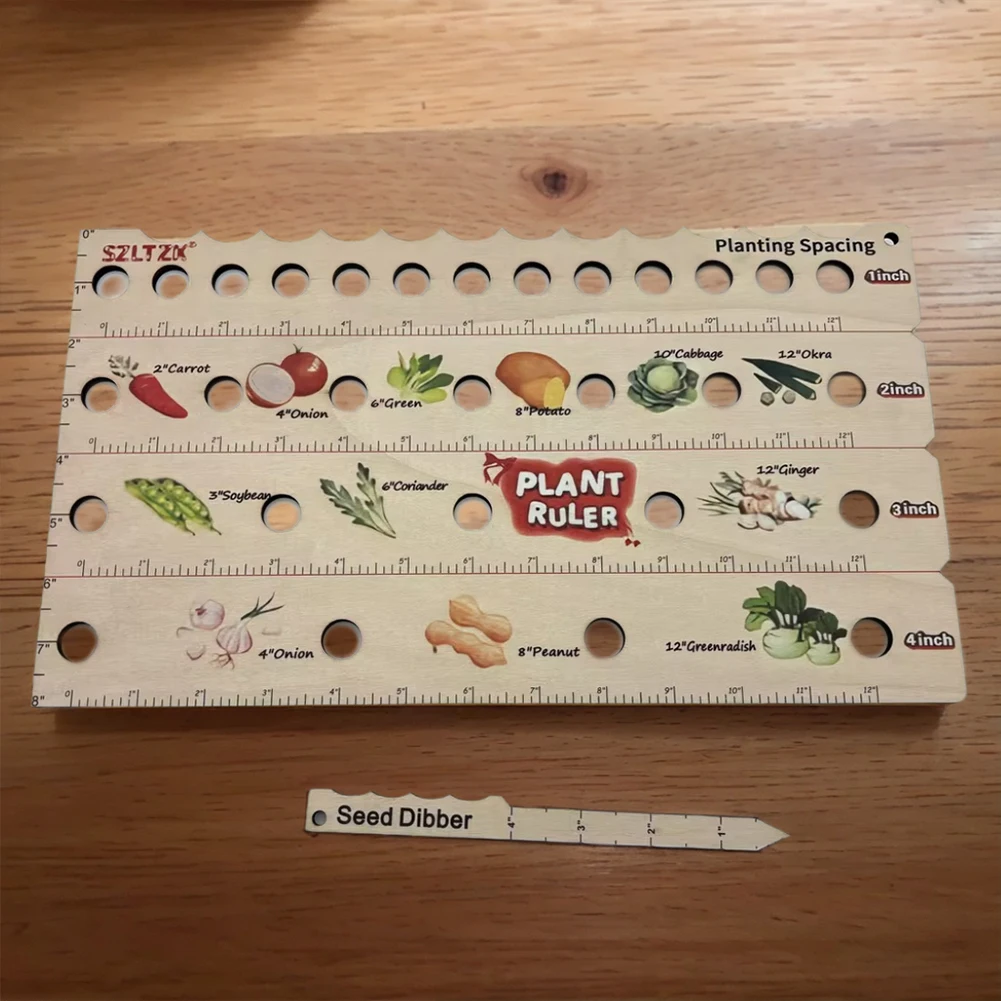 Wooden Plant Ruler with Seed Dibber Multifunction Seed Spacing Ruler Portable Garden Ruler with Plant Dibber with Planting Guide