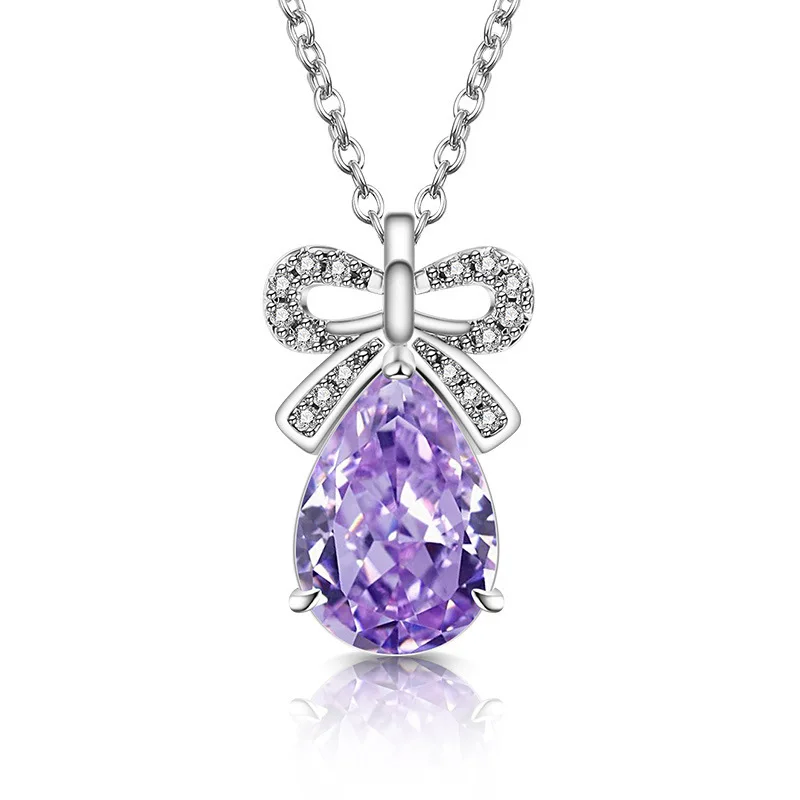 

925 Sterling Silver Sweet Fashion Ice Flower Cut Bow Pendant Inlaid with Crystal Zircon Water Drop Necklace Birthday Party Gift