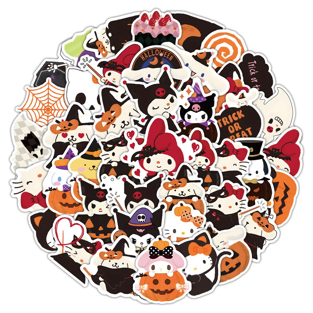 10/30/63 pçs kawaii dos desenhos animados halloween sanrio kitty kuromi melodia adesivos diy bagagem portátil telefone skate criança decalques brinquedo presente