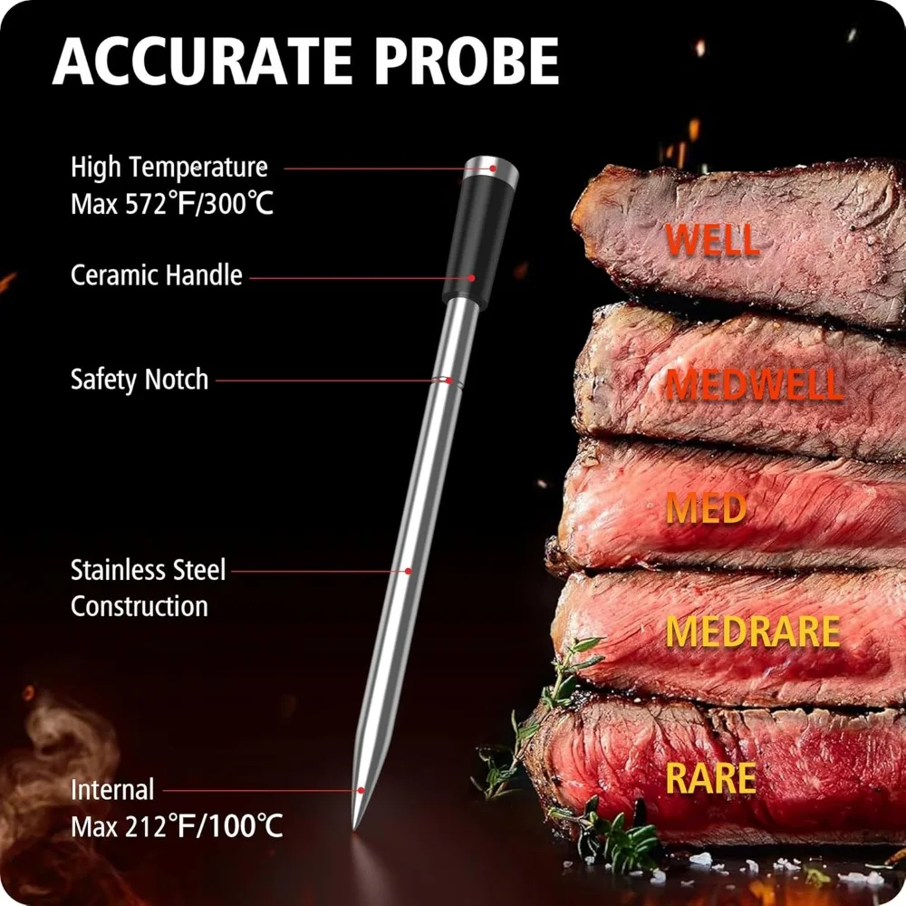 Termômetro sem fio carne com tela LCD, Termômetro Bluetooth, 2 Meat Probes, 328FT