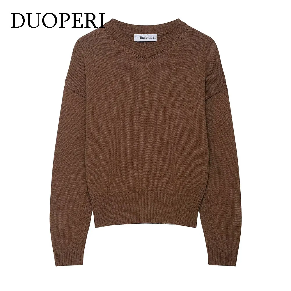 

DUOPERI Women Knitwear Fashion Brown Knitted Pullover Sweater Casual V-Neck Long Sleeves Female Elegance Chic Lady Tops