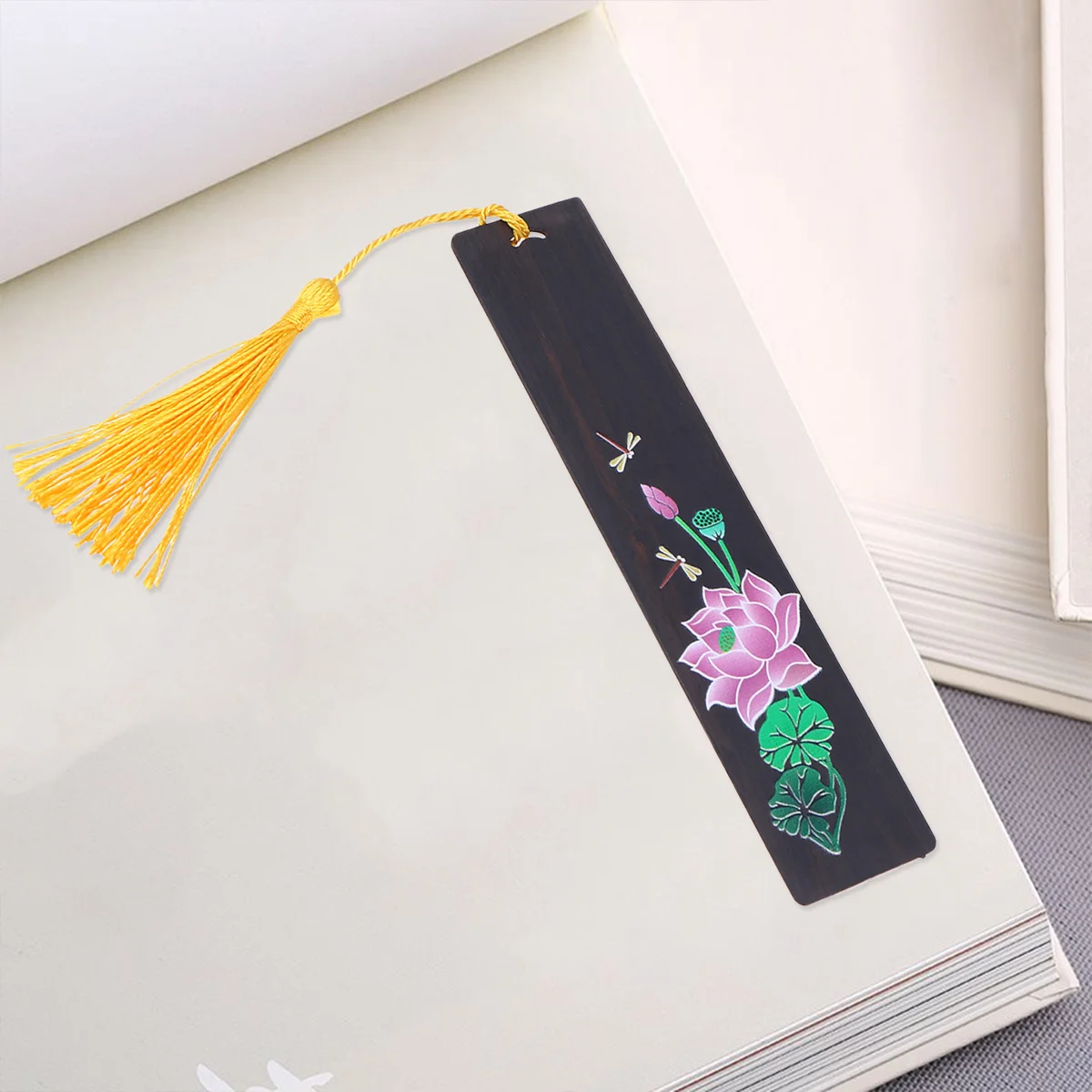 

Chinese-Style Wooden Bookmark Handmade Lotus Dragonfly Painted Bookmark Tassel Reading Marker for Girls Boys Students
