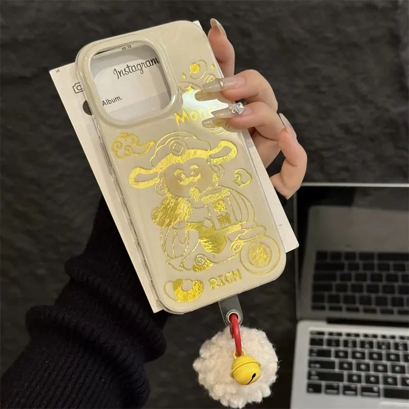 Vortex patterned golden God of Wealth phone case with white fluffy ball pendant For iPhone 11 12 13 14 15 16 pro max