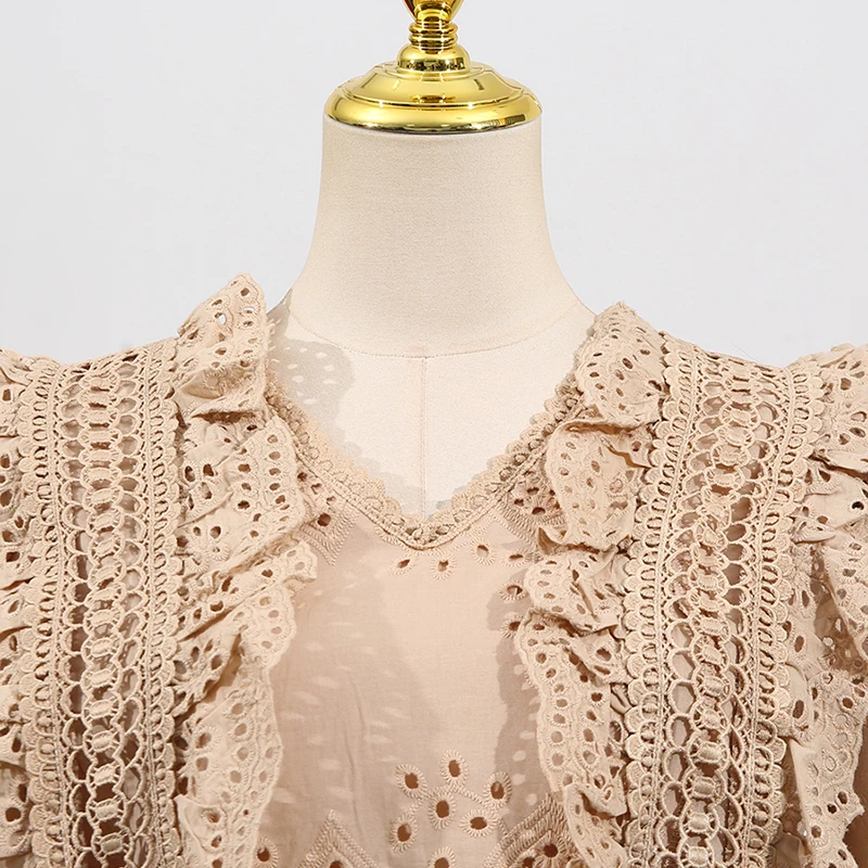 KBQ Elegant Solid Two Piece Set for Women V Neck Sleeveless Short Top High Waist Loose Long Skirts Hollow Out Set Female Fashion