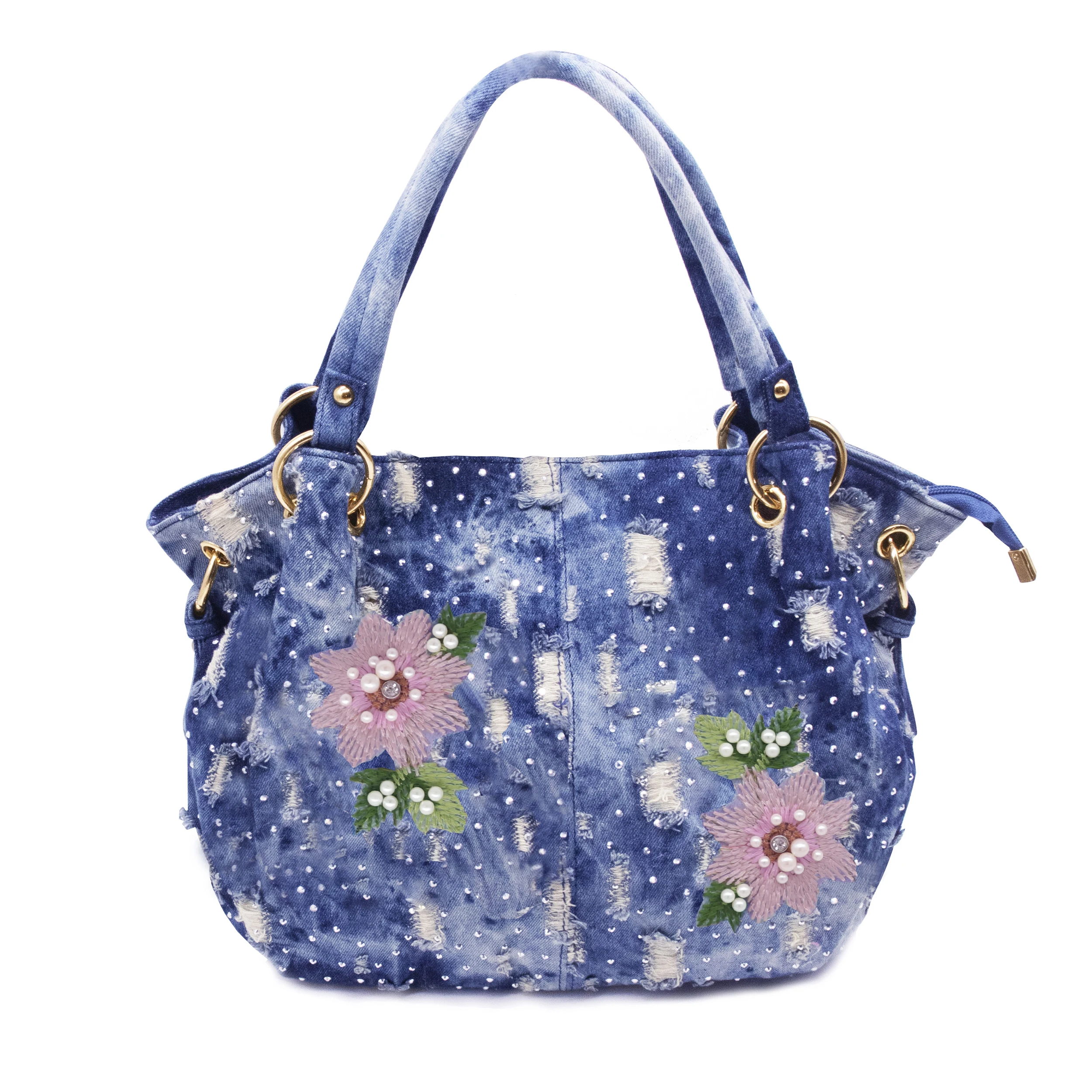 XIU LI – sac à main en denim délavé pour femmes, fourre-tout à la mode avec broderie de fleurs, grand sac à bandoulière