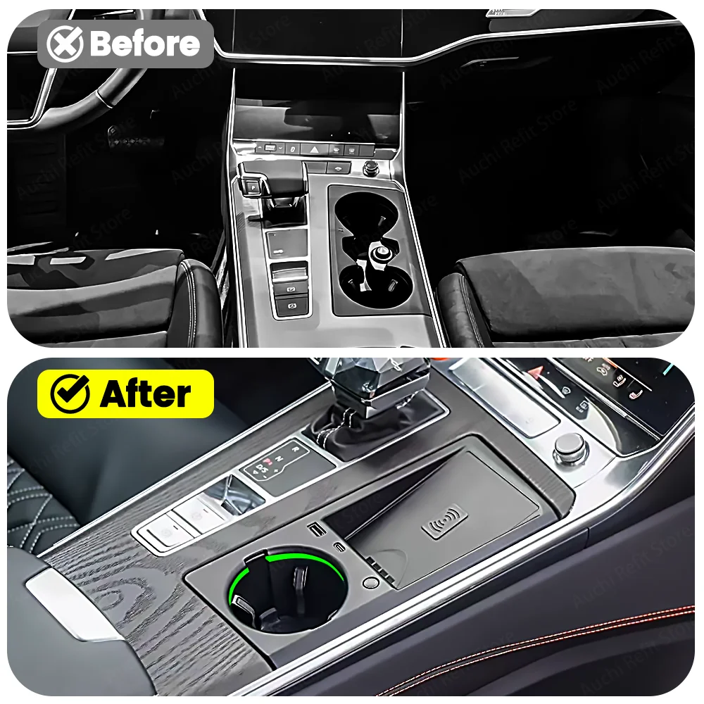 Auchi Original 30 Colors Water Cup Holder Lamp Ambient Light with Car Wireless Charger Pad Mobile Phone Holder For Audi A6 A7 C8
