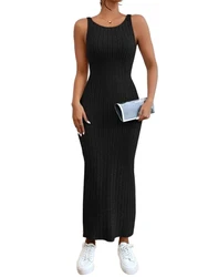 FOMOYUU Ribbed Knit Long Bodycon Sling Dress Sleeveless High-Neck Maxi Dress Party Side Slit Long Dress for Wome