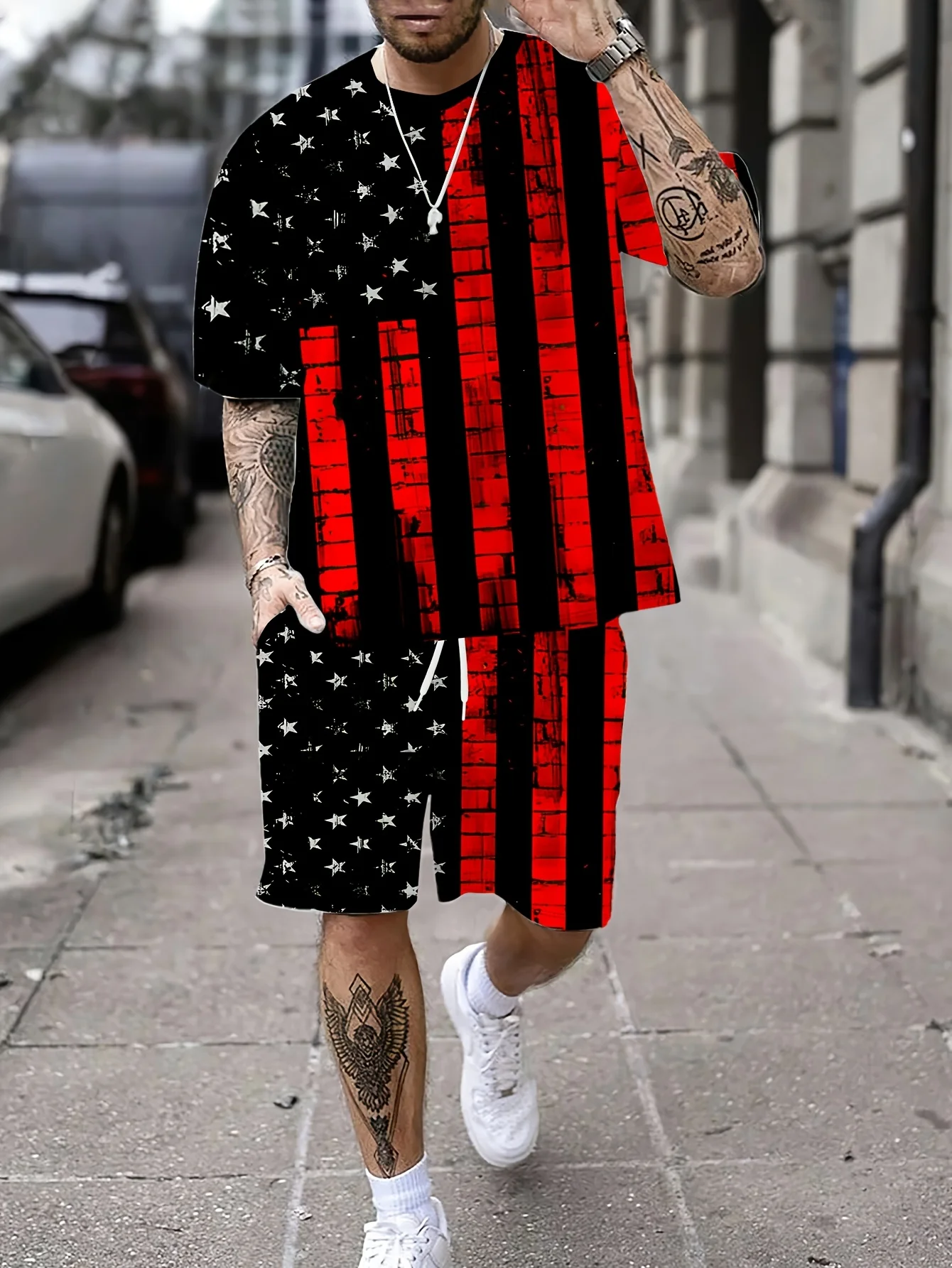 

2025 Summer men's suit 3d printed American flag T-shirt top casual short-sleeved American street fashion men's suit short-sleeve