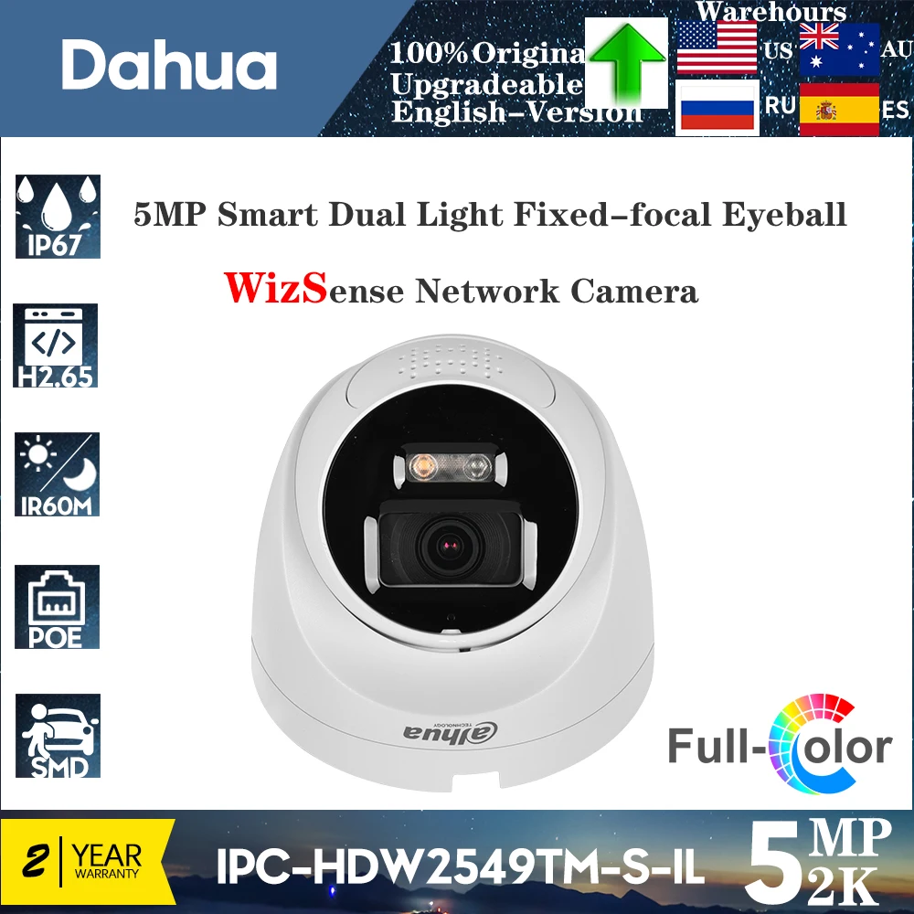 

Original Dahua 5MP IPC-HDW2549TM-S-IL Smart Dual Light Fixed-focal Eyeball WizSense Network Camera Full Color POE Built in Mic