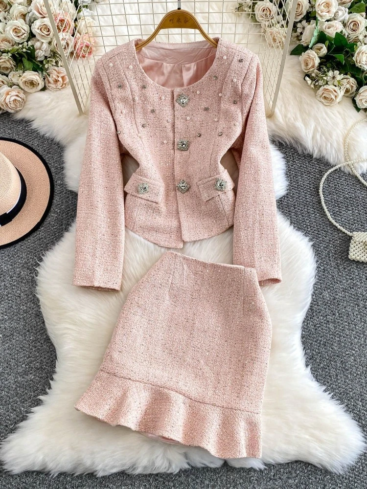 

Легкая роскошная твидовая куртка для ногтей тяжелой промышленности с инкрустацией бриллиантами, короткая юбка с рюшами и блестками, женский комплект в нежном стиле
