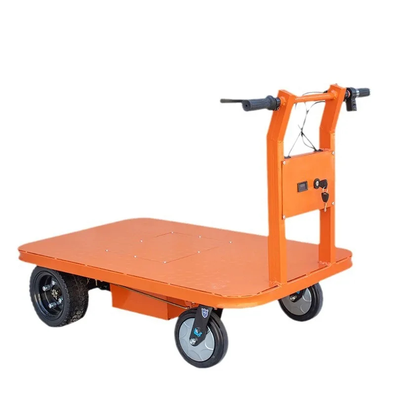 Electric flatbed handling vehicle, four-wheel manual transport, construction site warehouse hauling, factory greenhouse turnover