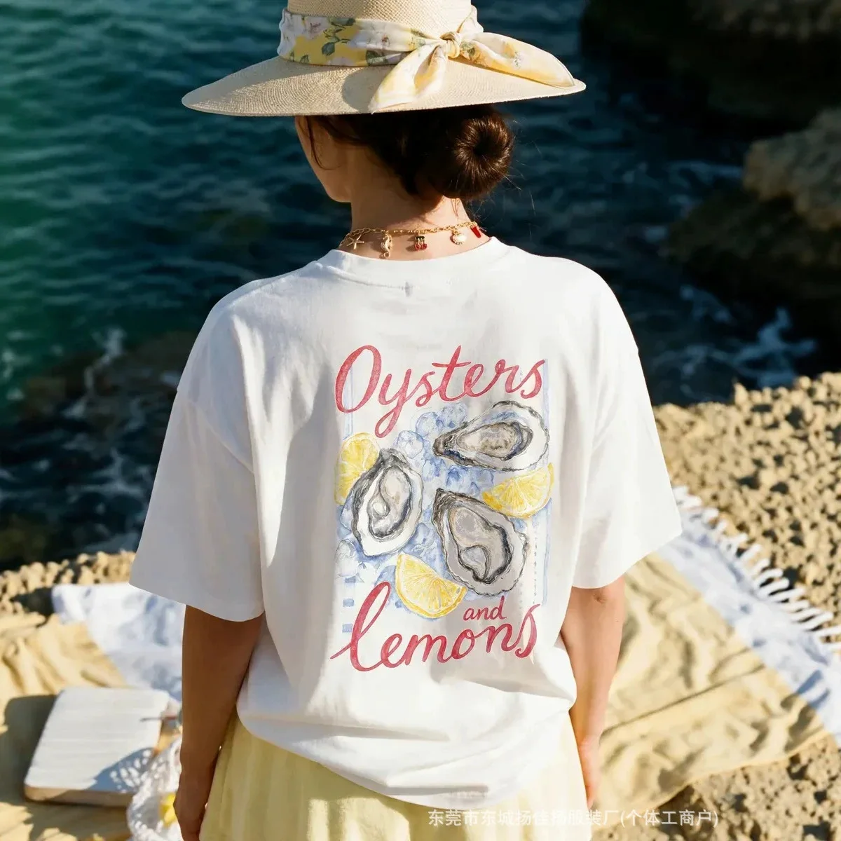 Cute Sweet Lady Coastal Oversized Tee Oysters & Lemon Ice Back Print Soft 100% Cotton Women Loose Beach Vacation White T Shirt