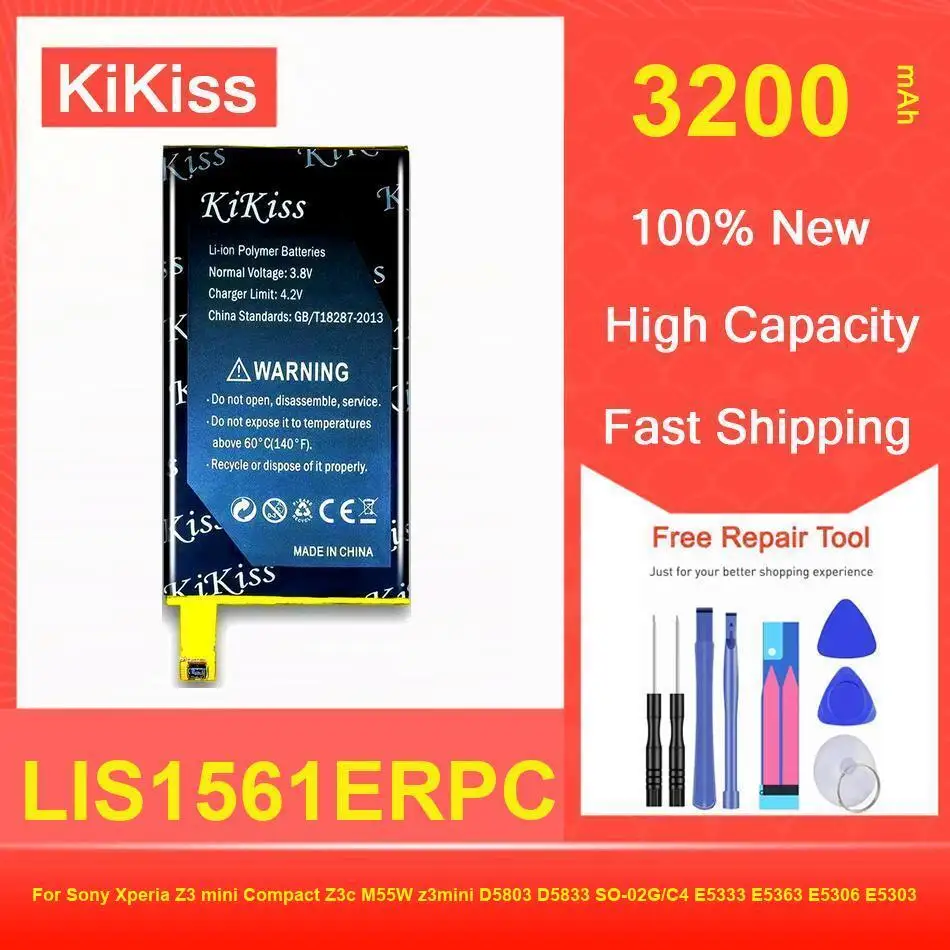 

Kikiss Battery 3200Mah LIS1561ERPC For Sony Xperia Z3 Mini Compact Z3c M55W Z3mini D5803 D5833 SO-02G/C4 E5333 E5363 E5306 E5303