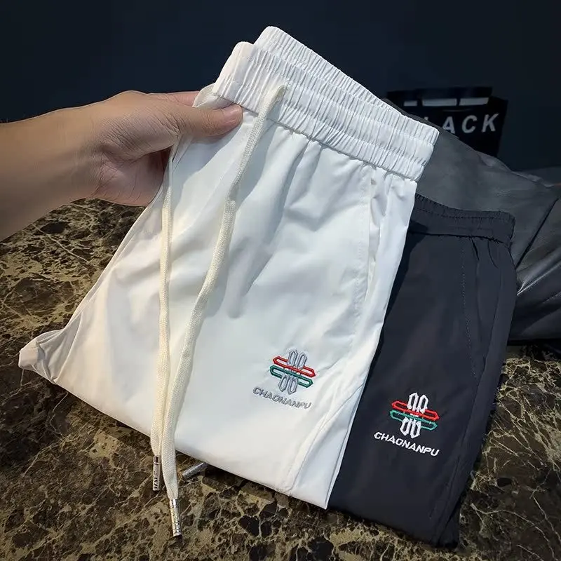 Casual pants men's summer new elastic high-end embroidered ankle pants ultra-thin trendy sports pants