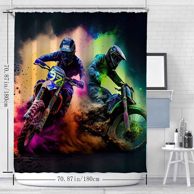 Colorful Motorcycle Racer Print Shower Curtain - Waterproof, Machine Washable with Hooks Included - Perfect for All Seasons