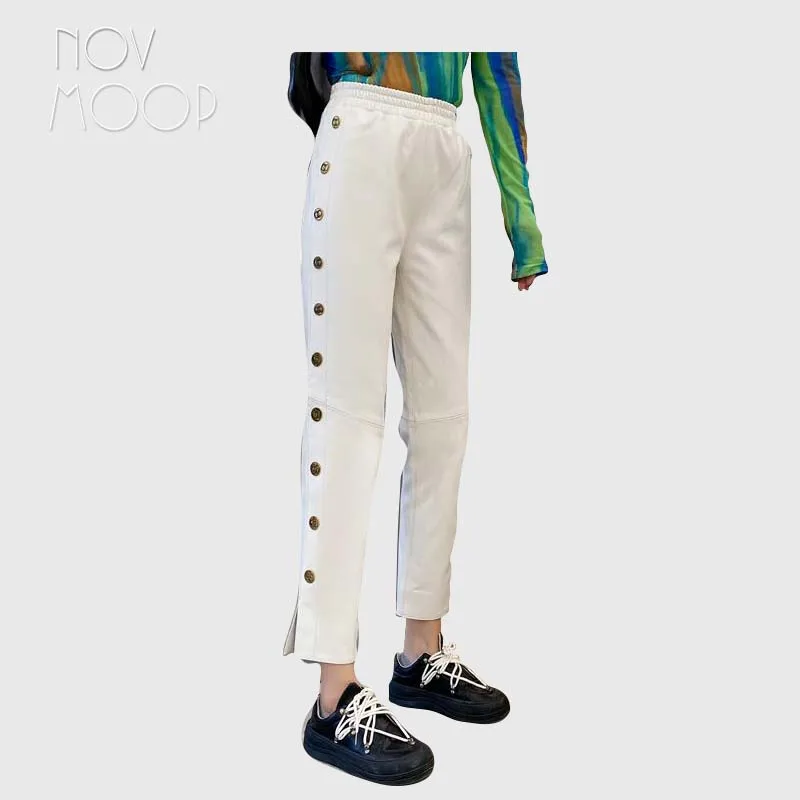 

Novmoop sheepskin genuine leather women ankle length pants metal button decoration Italy chic style LT3572