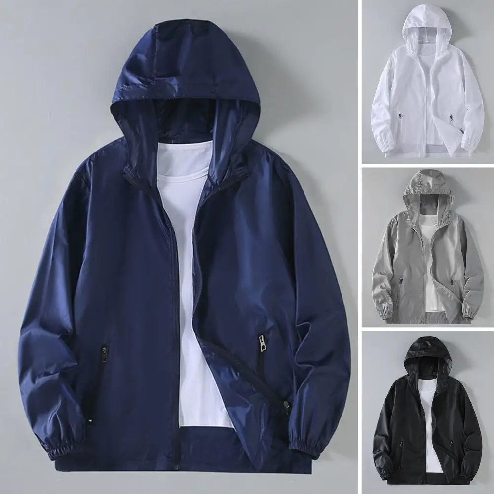 Men Summer Sun Protection Coat Hooded Long Sleeve Zipper Placket Anti-UV Jacket With Pocket Solid Color Outdoor Ice Silk Outwear