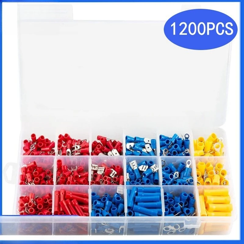 

1200Pcs All Copper Cold Crimp Wire Terminals Kit 18 Types Insulated Electrical Connectors for Car Motorcycle Wiring Circuit