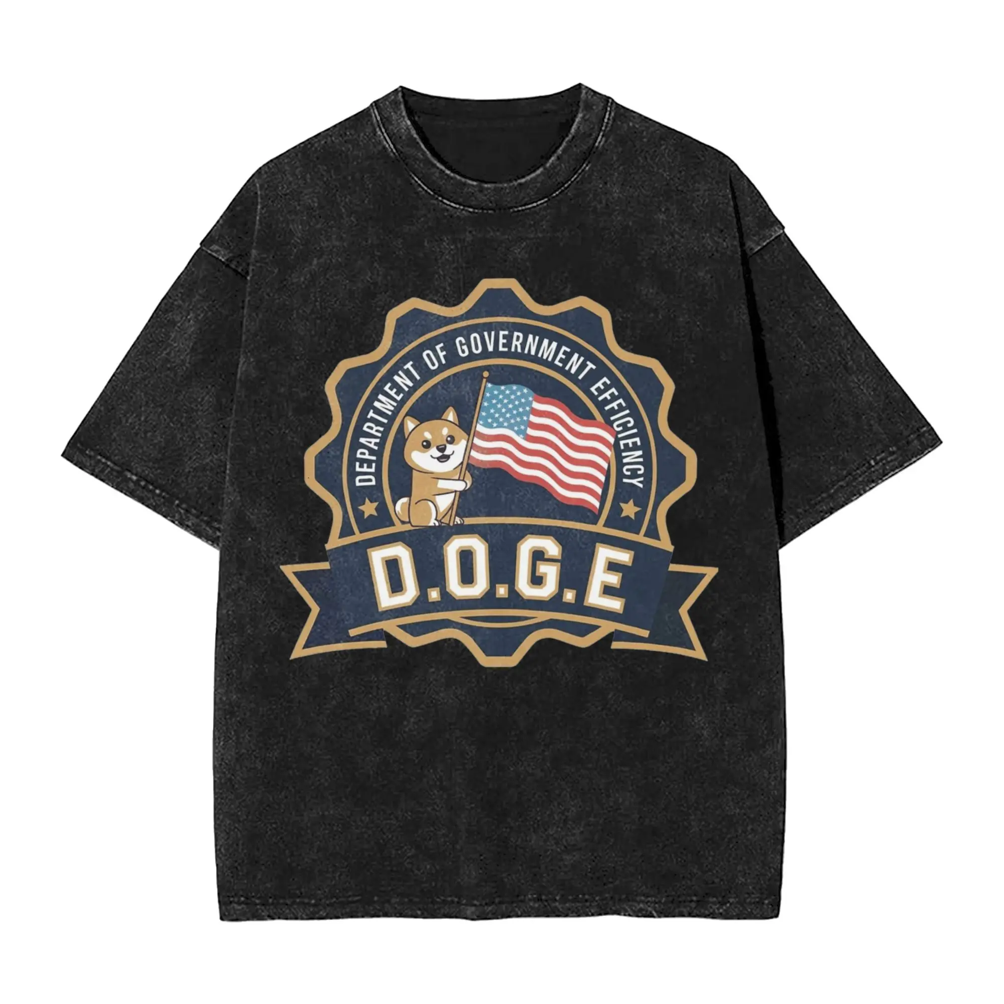 D.O.G.E Star Badge Patriot Flag Bearer Emblem  Washed T Shirt Vintage Harajuku Men Women  Hiphop T-Shirts Tee Short Sleeve