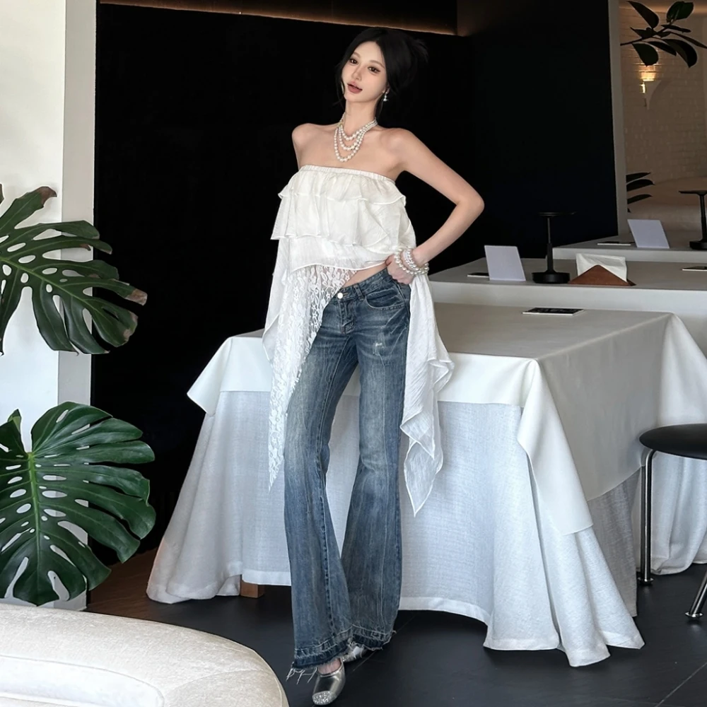 SylCue Ruched Elegantกระโปรงผู้หญิงY2Kสไตล์หวานElasticเอวตาข่ายPatchworkไม่สม่ําเสมอRuffles Hem Streetแฟชั่นกางเกง